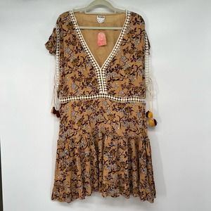 NWT Arula Floral Tiered Dress Women's Size 1X Brown Multi Eyelet Tassel Viscose